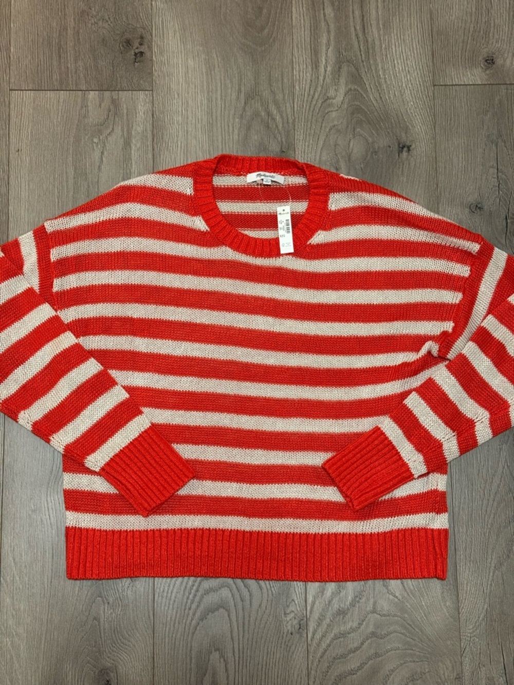 Madewell NWT Linen Striped Drop Shoulder Sweater Medium Red Whites - Picture 3 of 8